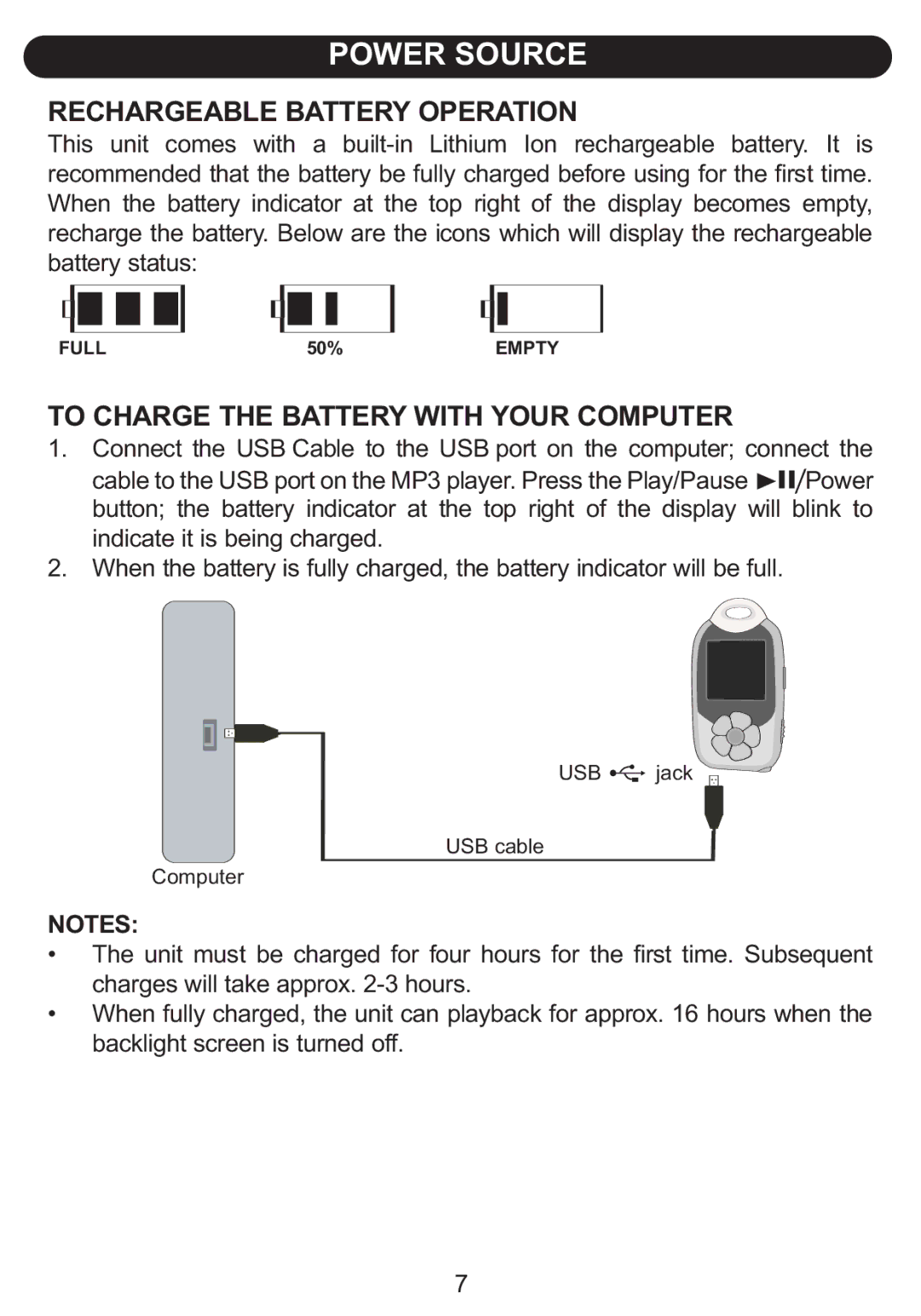 Emerson BAR900 owner manual Rechargeable Battery Operation, To Charge the Battery with Your Computer 