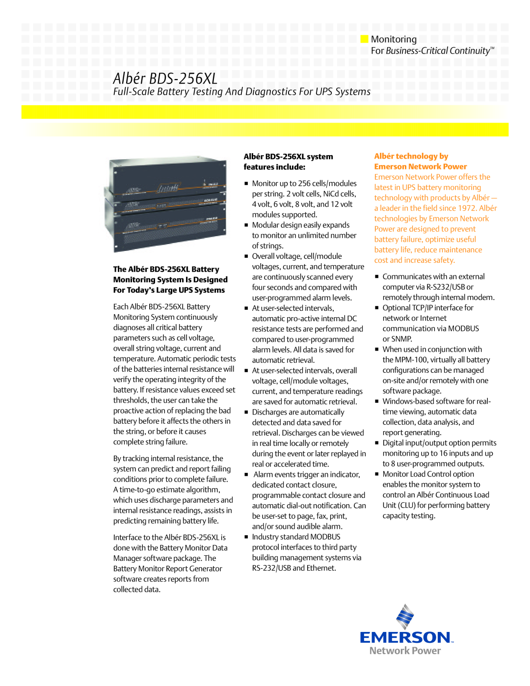 Emerson manual The Albér BDS-256XL Battery Monitoring System Is Designed, For Today’s Large UPS Systems 