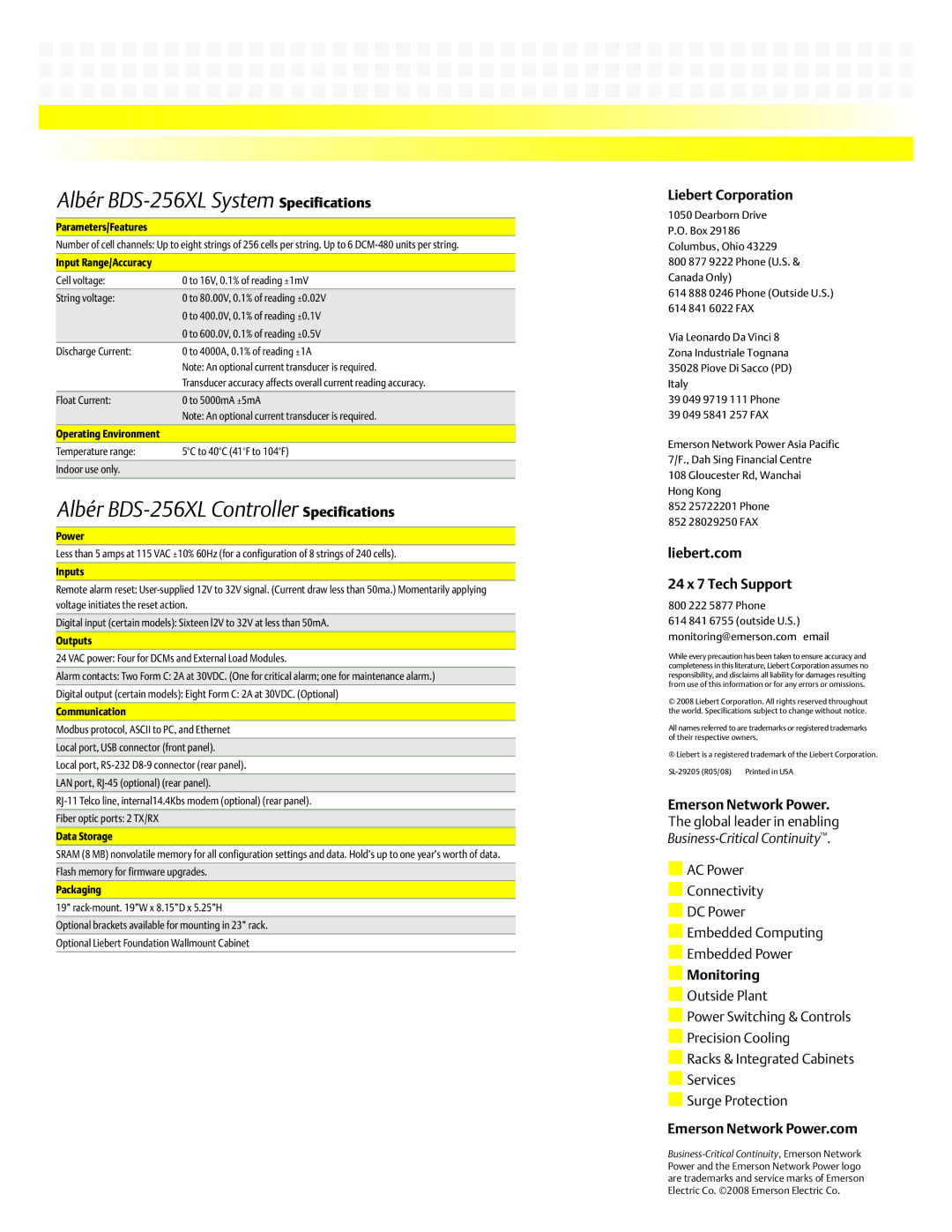 Emerson manual Albér BDS-256XL System Specifications, Albér BDS-256XL Controller Specifications 