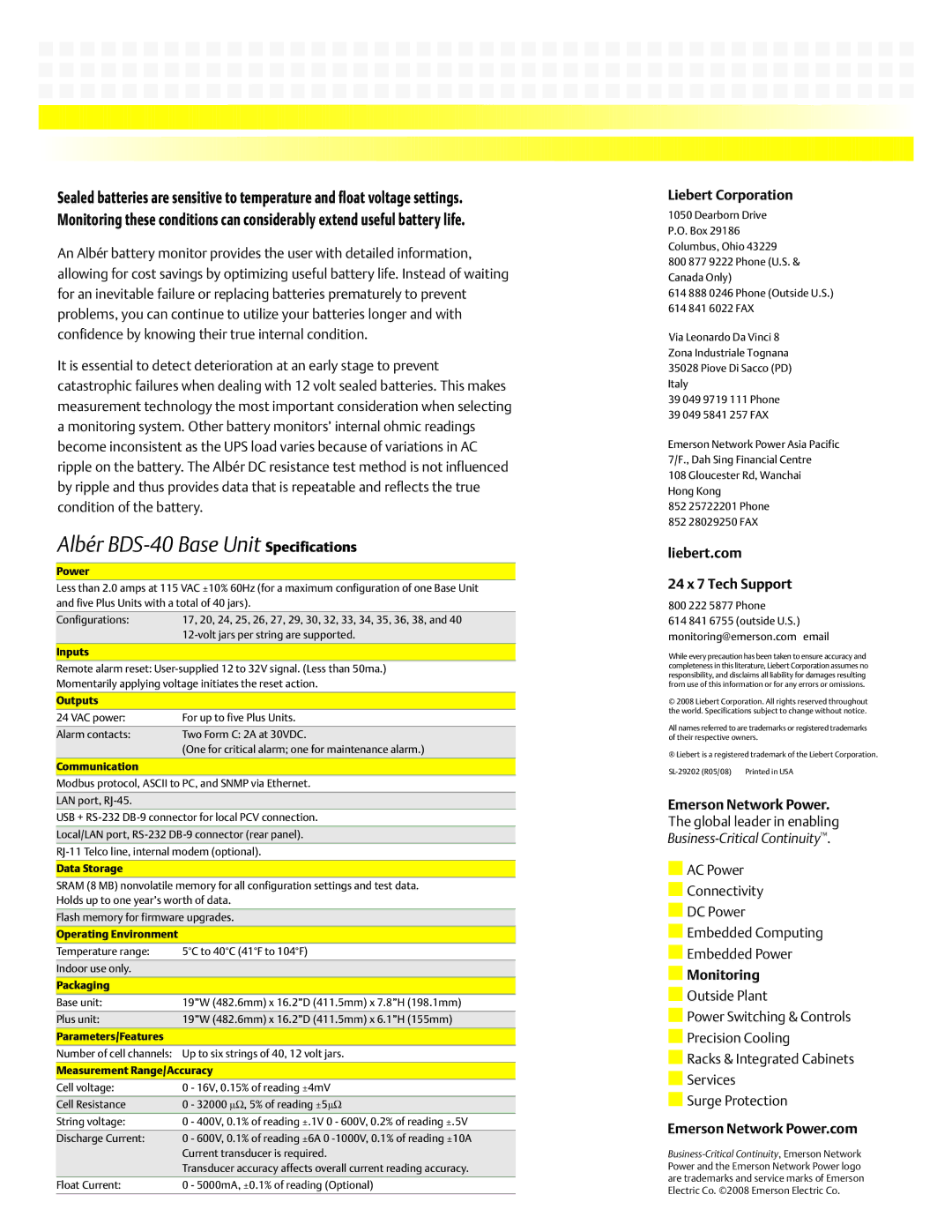 Emerson BDS-40 manual Liebert Corporation, Liebert.com 24 x 7 Tech Support, Emerson Network Power, Monitoring 