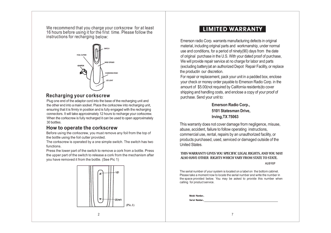 Emerson BO60 owner manual Recharging your corkscrew, Emerson Radio Corp Statesman Drive Irving,TX 