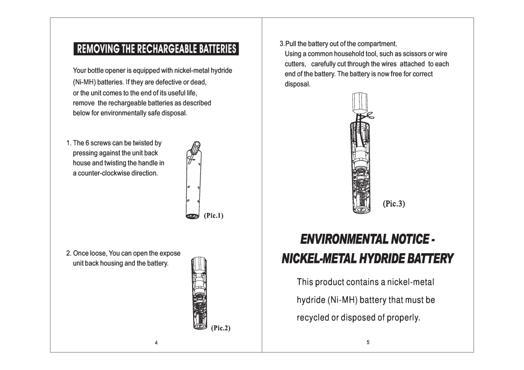 Emerson BO60 Pic.1, Pic.2, Environmental Notice Nickel-Metal Hydride Battery, Removing The Rechargeable Batteries, Pic.3 