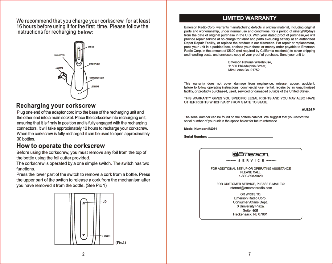 Emerson BO61 manual 