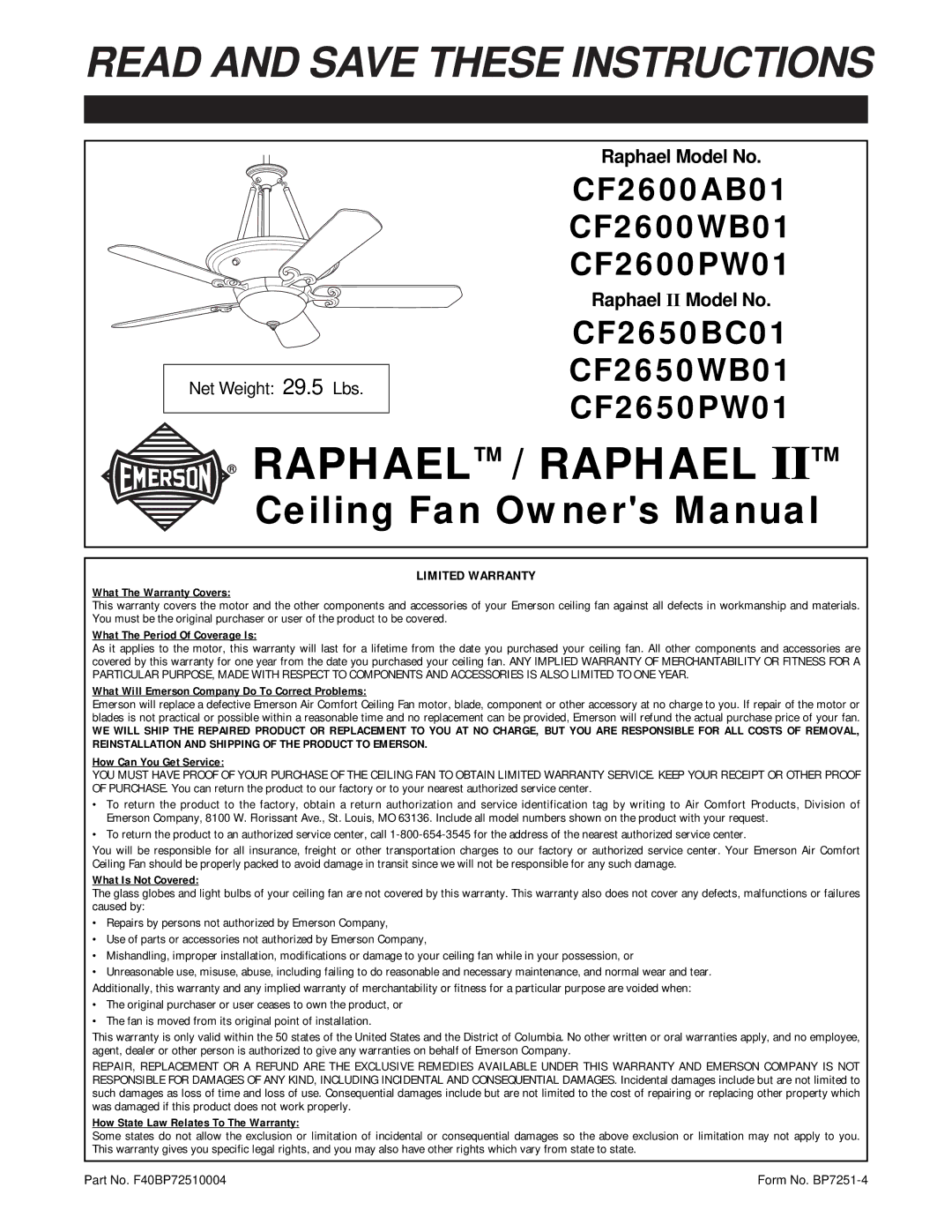 Emerson BP7251 warranty Raphael / Raphael 