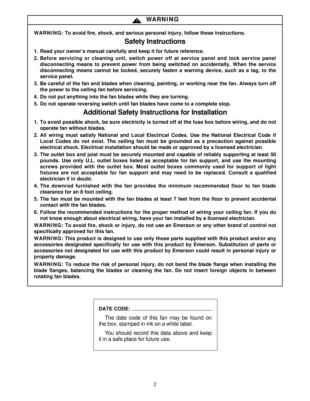 Emerson BP7251 warranty Safety Instructions 