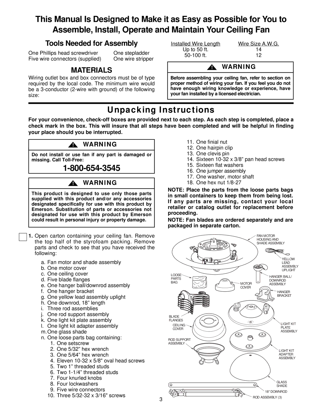 Emerson BP7251 warranty Unpacking Instructions, Tools Needed for Assembly 