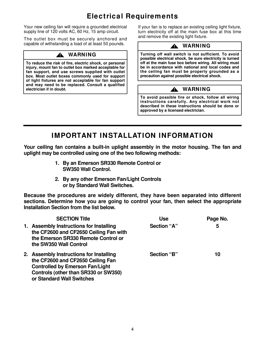 Emerson BP7251 warranty Electrical Requirements, Important Installation Information 