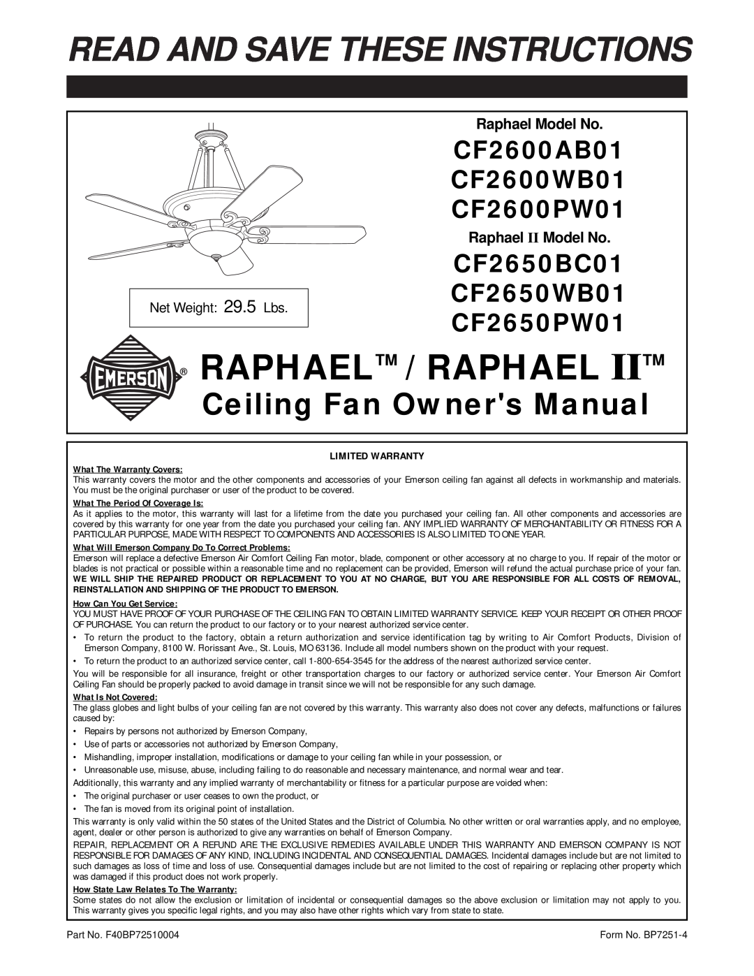 Emerson BP7251 warranty Raphael / Raphael, Read And Save These Instructions, CF2600AB01 CF2600WB01 CF2600PW01 