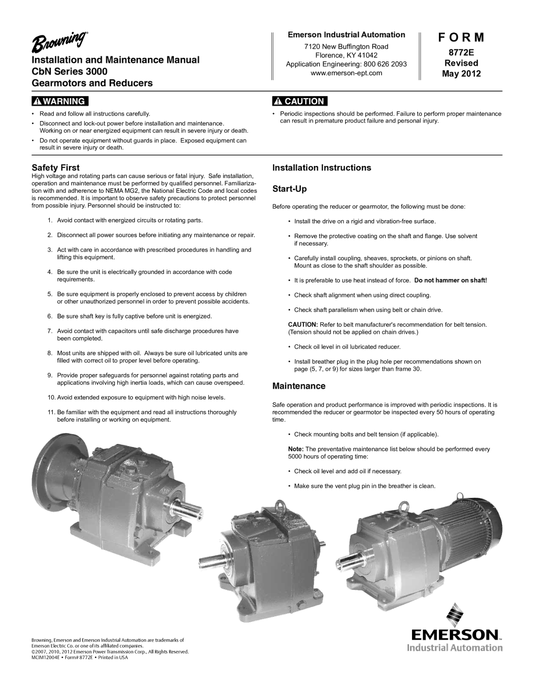 Emerson CbN Series 3000 installation instructions 8772E Revised May, Safety First, Installation Instructions Start-Up 