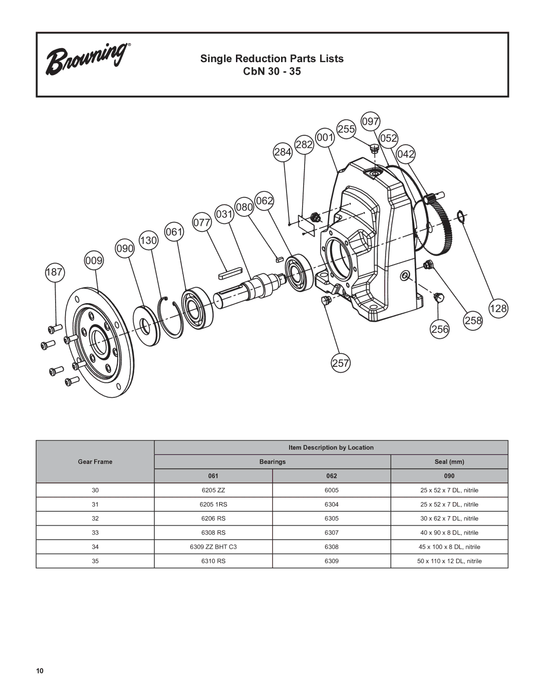 Emerson CbN Series 3000 installation instructions Single Reduction Parts Lists, CbN 30 