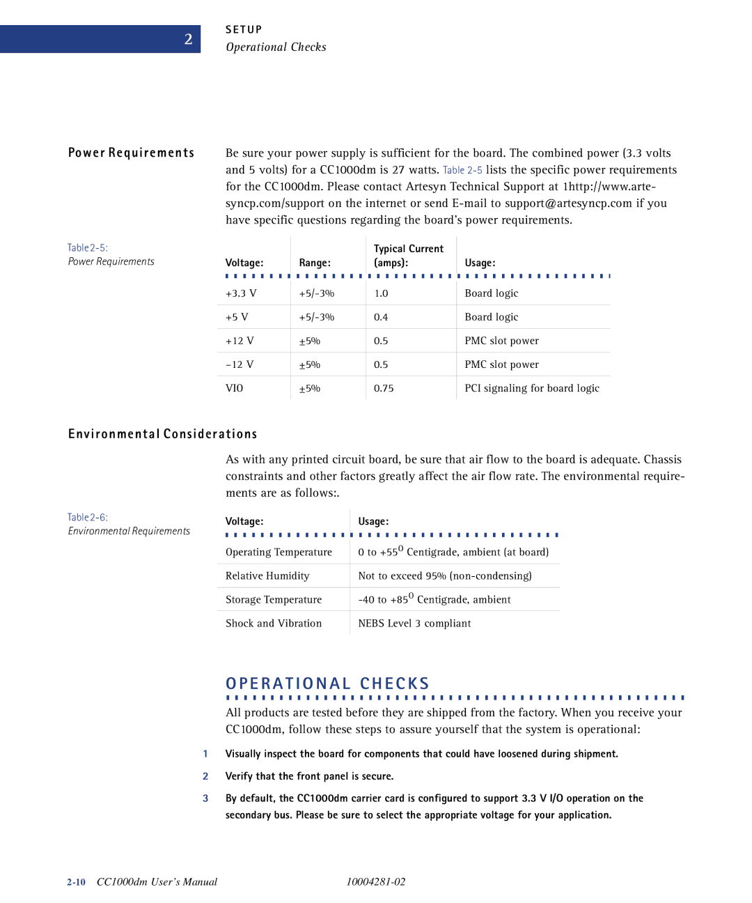 Emerson CC1000DM Power Requirements, Environmental Considerations, Operational Checks, Typical Current Voltage Range Amps 