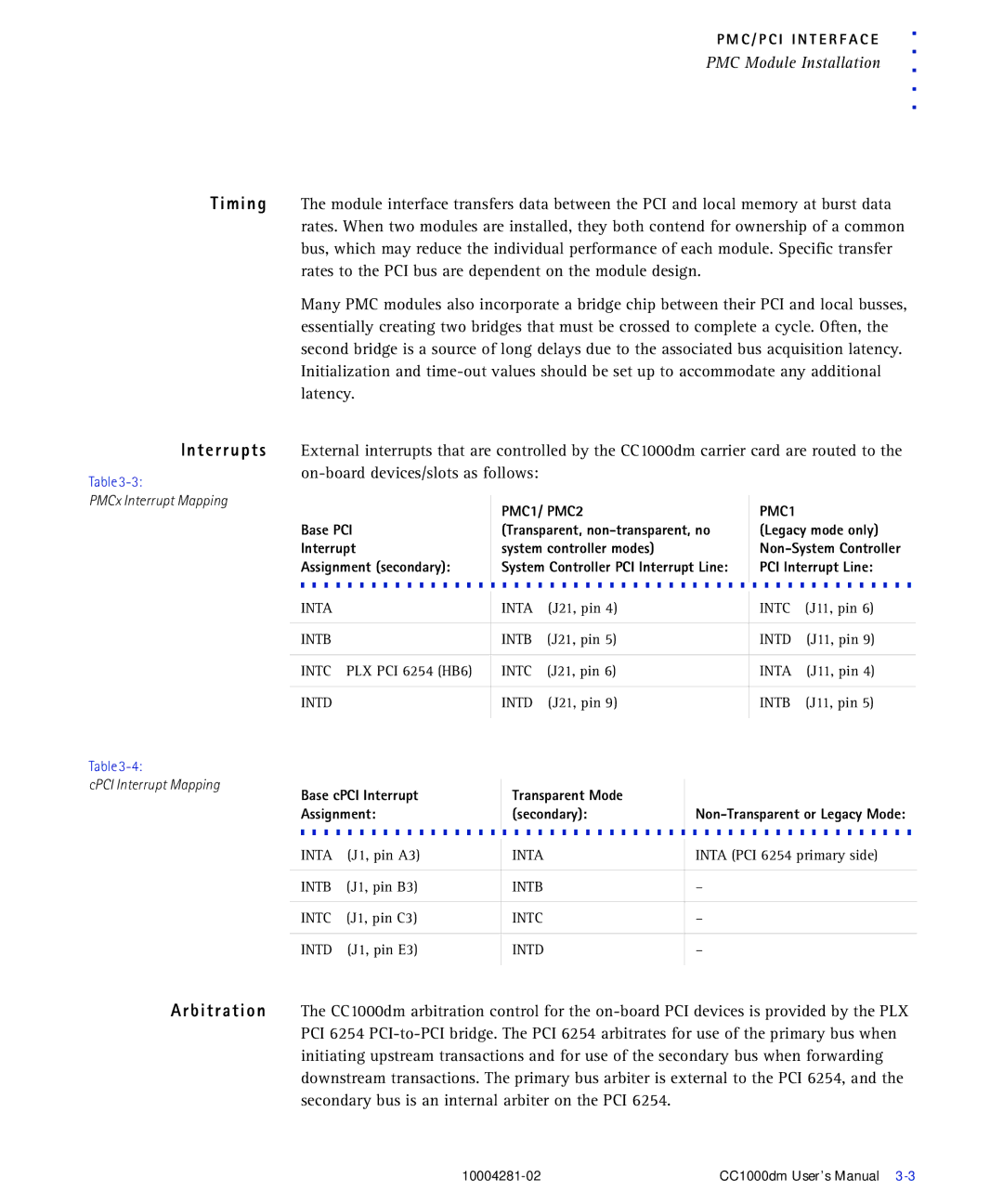 Emerson CC1000DM user manual Timing Interrupts, Base PCI, Interrupt System controller modes, PCI Interrupt Line 