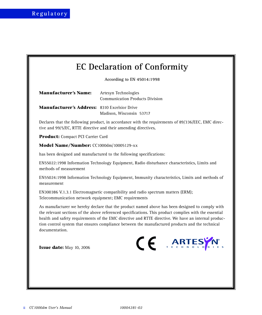 Emerson CC1000DM user manual EC Declaration of Conformity 