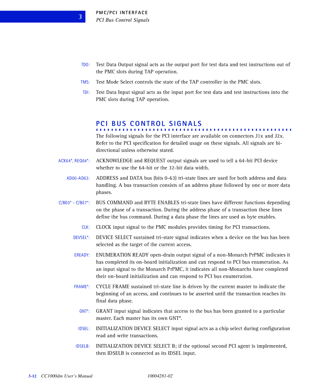 Emerson CC1000DM user manual I. .B.U. S. . C. .O. N. .T.R. O. .L. .S.I.G. N. .A.L. S, PCI Bus Control Signals 