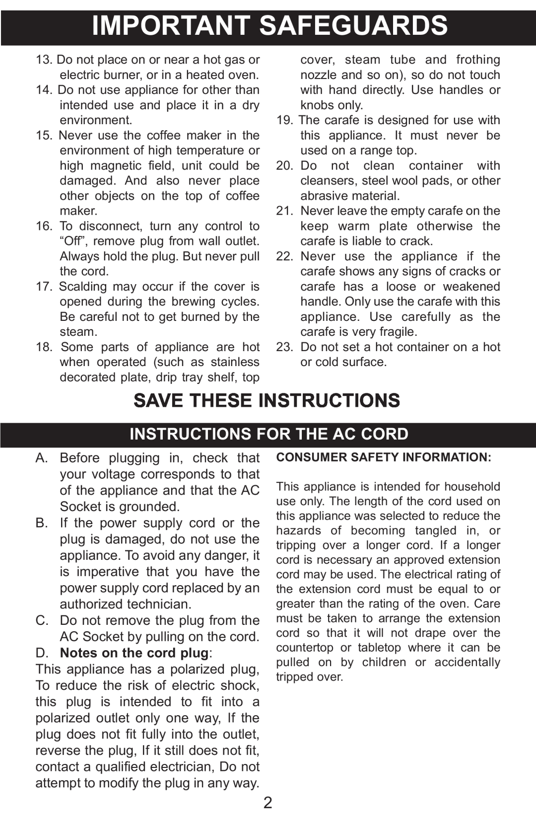 Emerson CCM901 Instructions For The Ac Cord, Important Safeguards, Save These Instructions, D. Notes on the cord plug 
