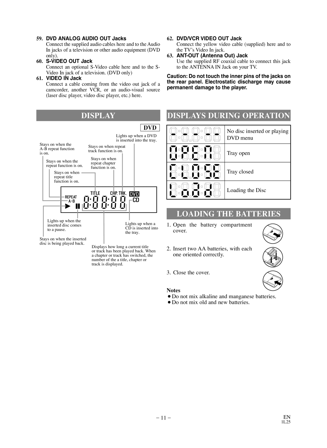 Emerson CEDV800D owner manual Displays During Operation, Loading the Batteries, No disc inserted or playing 