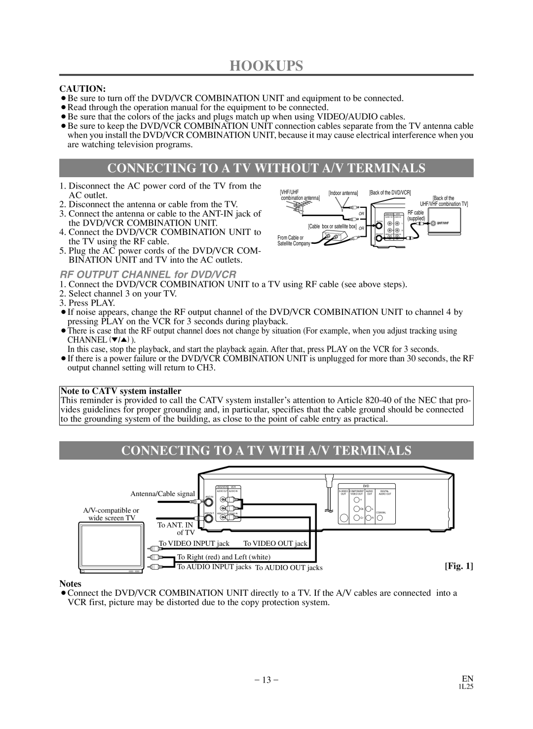 Emerson CEDV800D owner manual Hookups, Connecting to a TV Without A/V Terminals, Connecting to a TV with A/V Terminals 