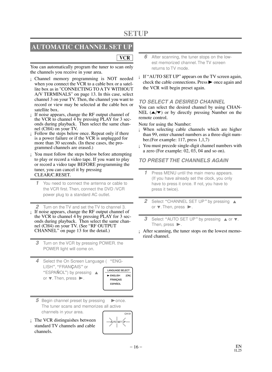 Emerson CEDV800D owner manual Setup, Automatic Channel SET UP, To Select a Desired Channel, To Preset the Channels Again 