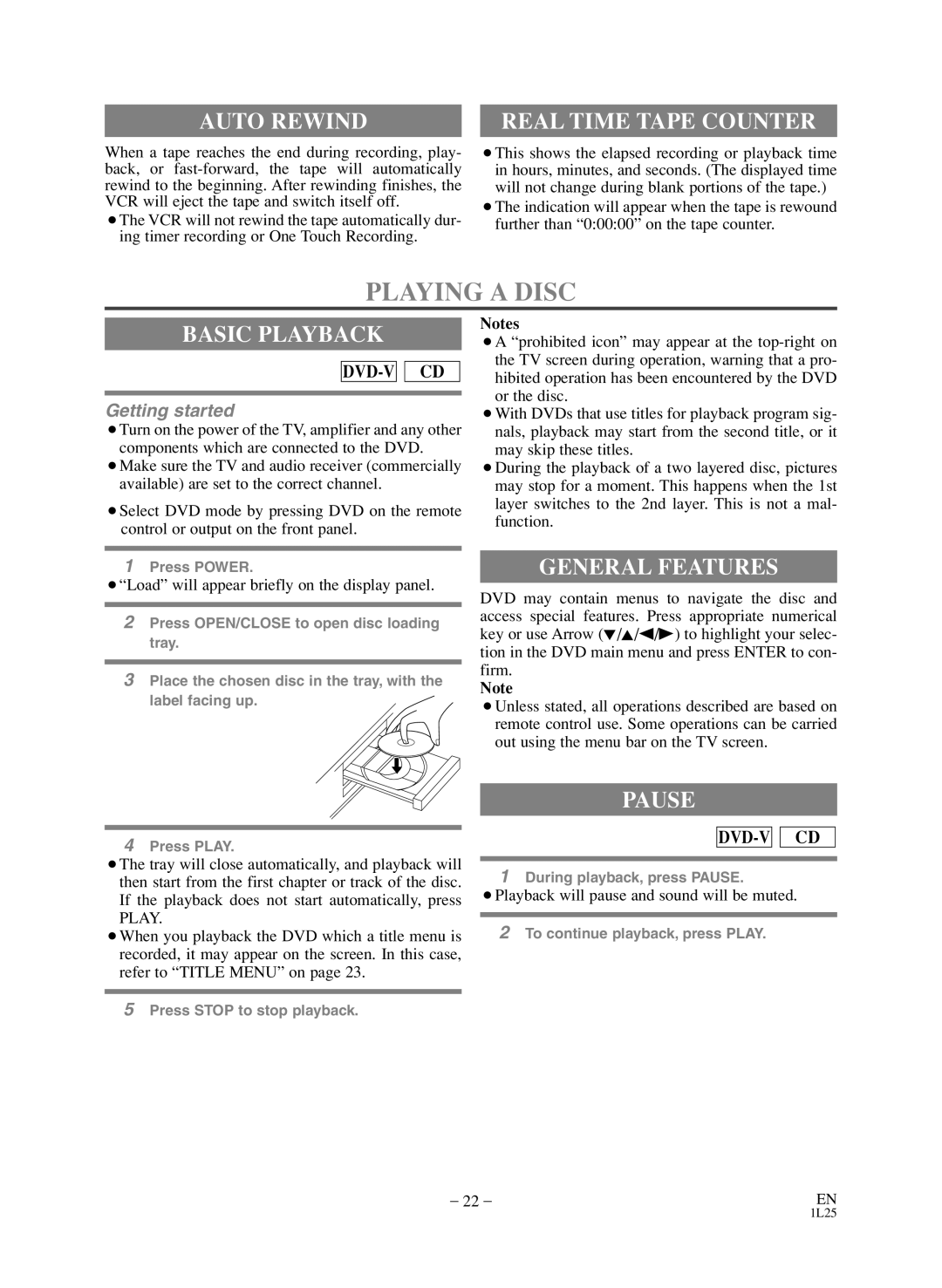 Emerson CEDV800D owner manual Playing a Disc, Auto Rewind, Basic Playback, General Features, Pause 