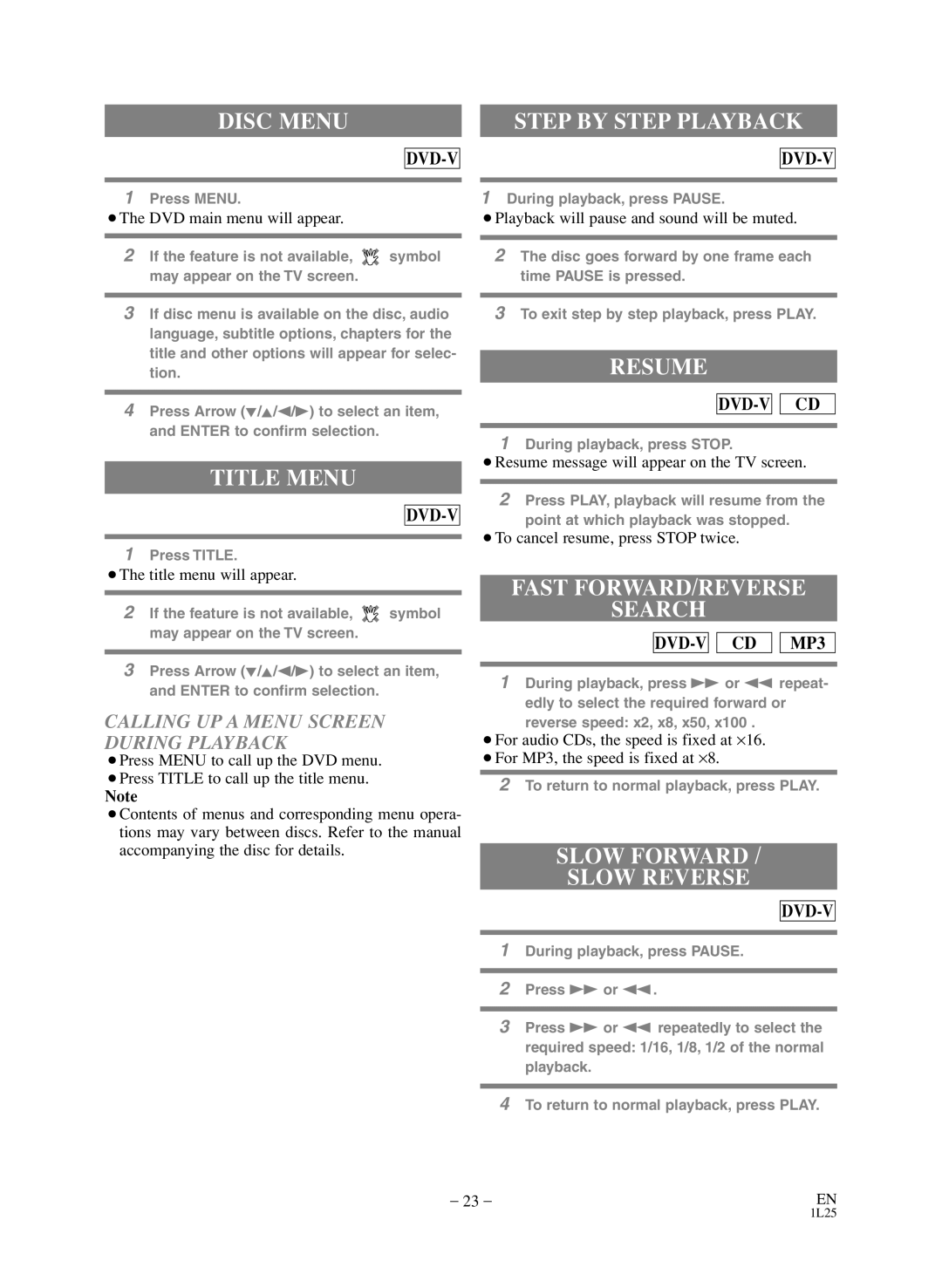 Emerson CEDV800D owner manual Disc Menu, Title Menu, Resume, Fast FORWARD/REVERSE Search, Slow Forward Slow Reverse 