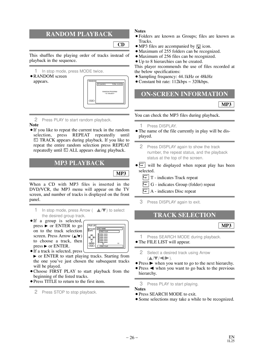 Emerson CEDV800D owner manual Random Playback, MP3 Playback, ON-SCREEN Information, Track Selection 