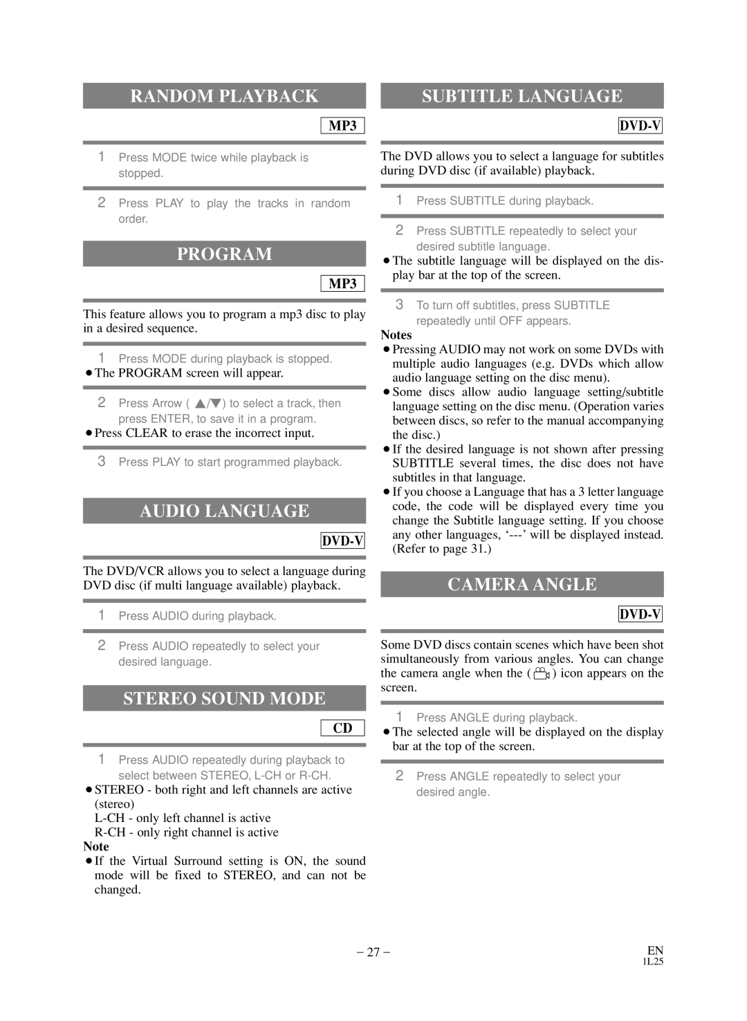 Emerson CEDV800D owner manual Subtitle Language, Audio Language, Stereo Sound Mode, Camera Angle 