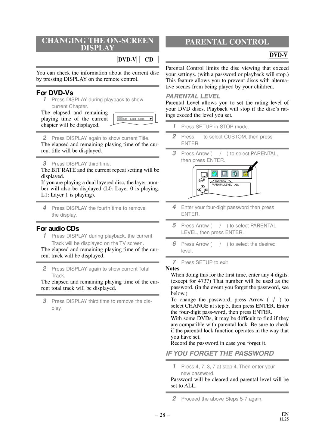 Emerson CEDV800D owner manual Changing the ON-SCREEN Display, Parental Control, Parental Level, Chapter will be displayed 