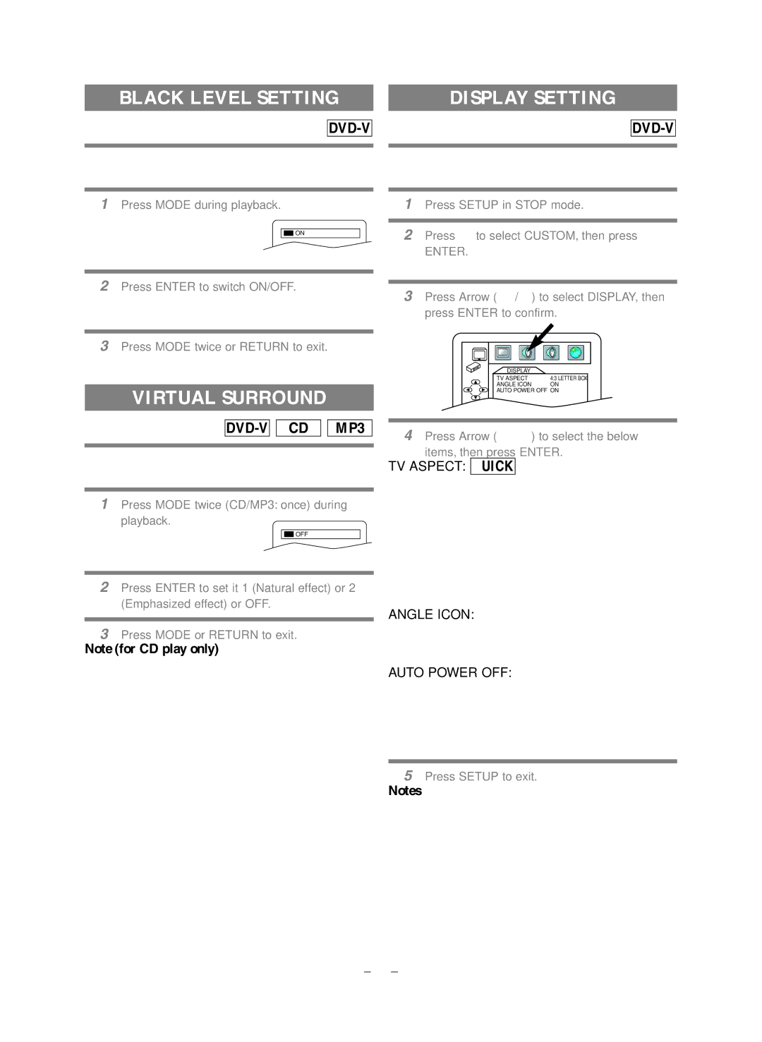 Emerson CEDV800D owner manual Black Level Setting, Display Setting, Virtual Surround 