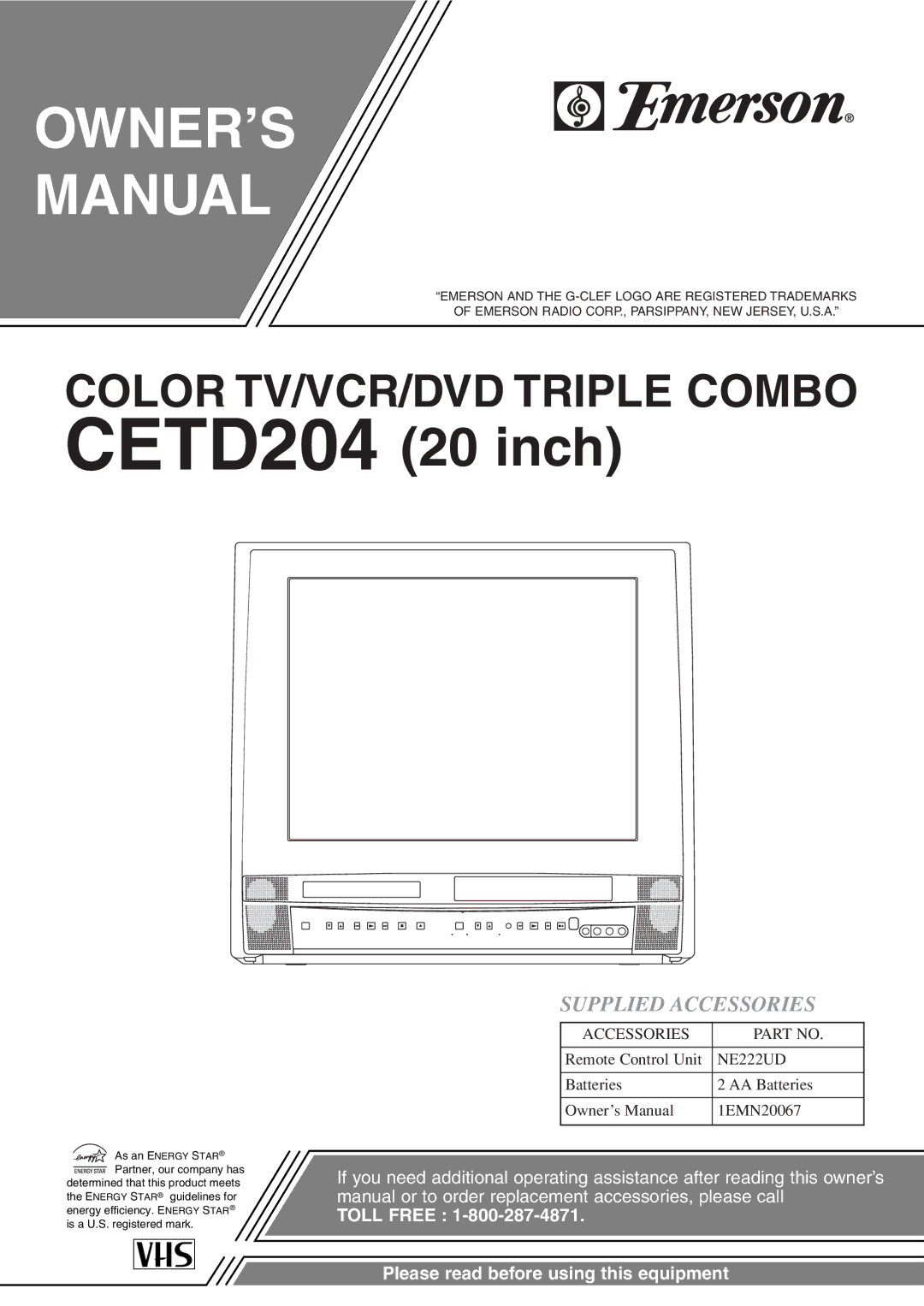 Emerson CETD204 owner manual OWNER’S Manual, Supplied Accessories 