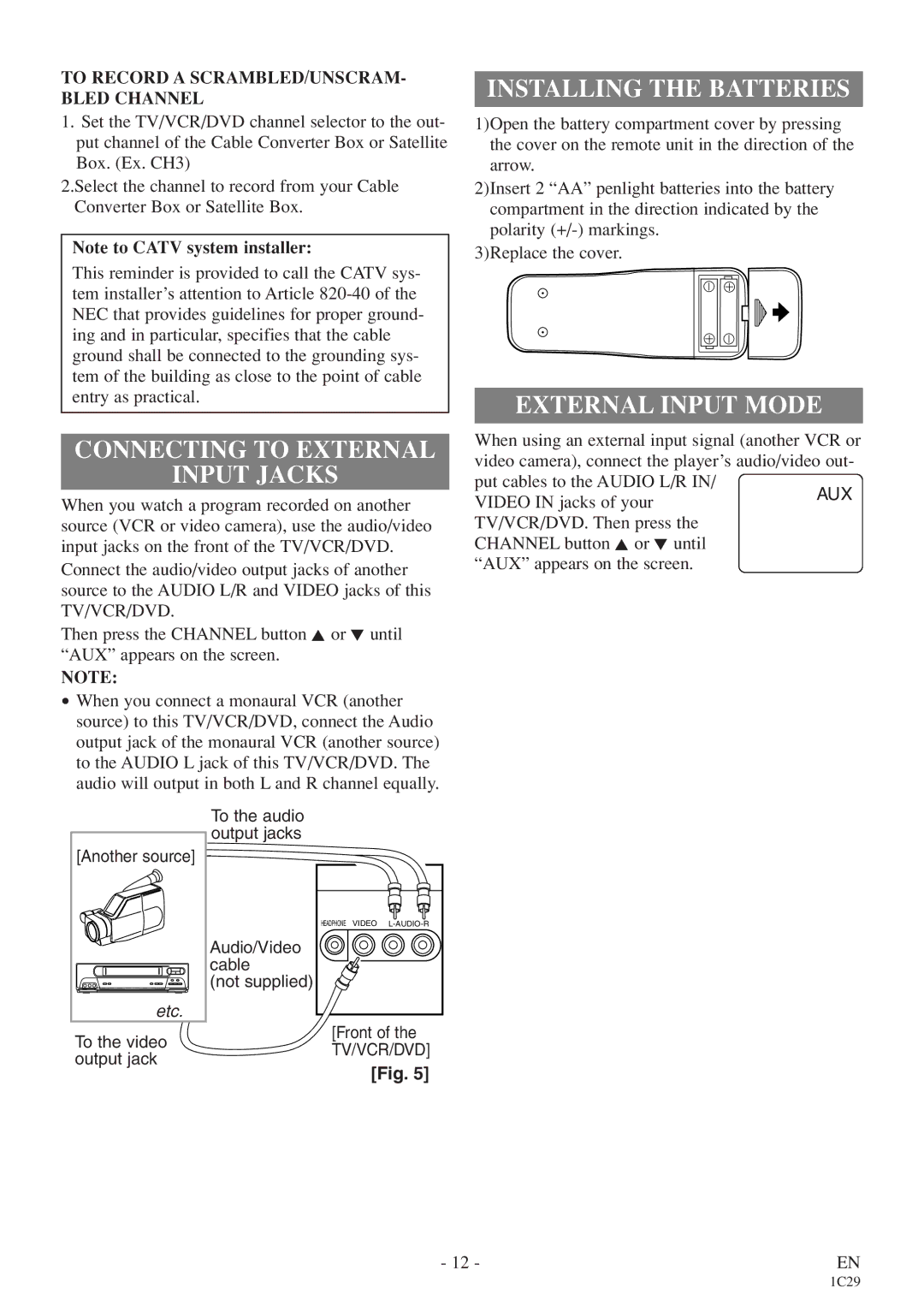 Emerson CETD204 owner manual Connecting to External Input Jacks, Installing the Batteries, External Input Mode 