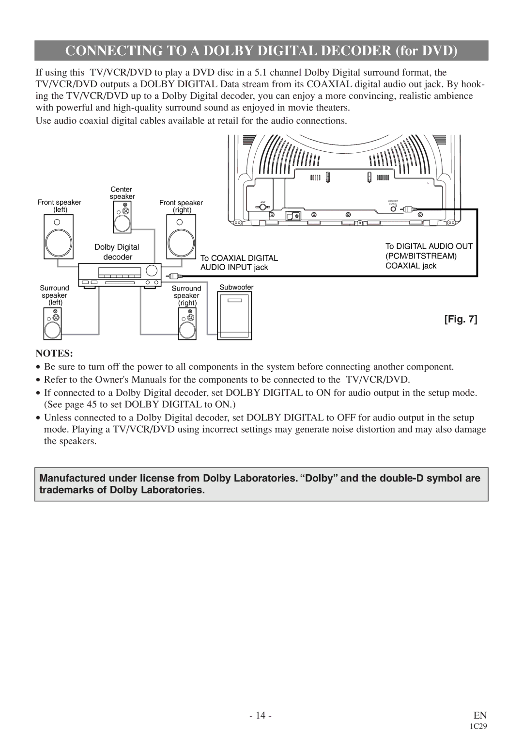 Emerson CETD204 owner manual Connecting to a Dolby Digital Decoder for DVD 