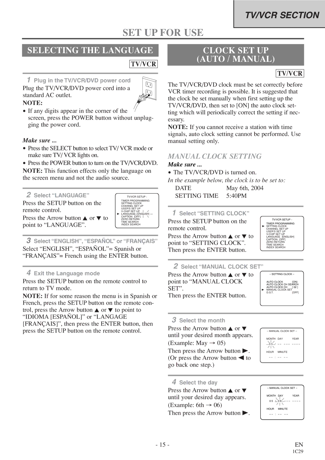 Emerson CETD204 owner manual SET UP for USE, Selecting the Language, Clock SET UP Auto / Manual, Manual Clock Setting 