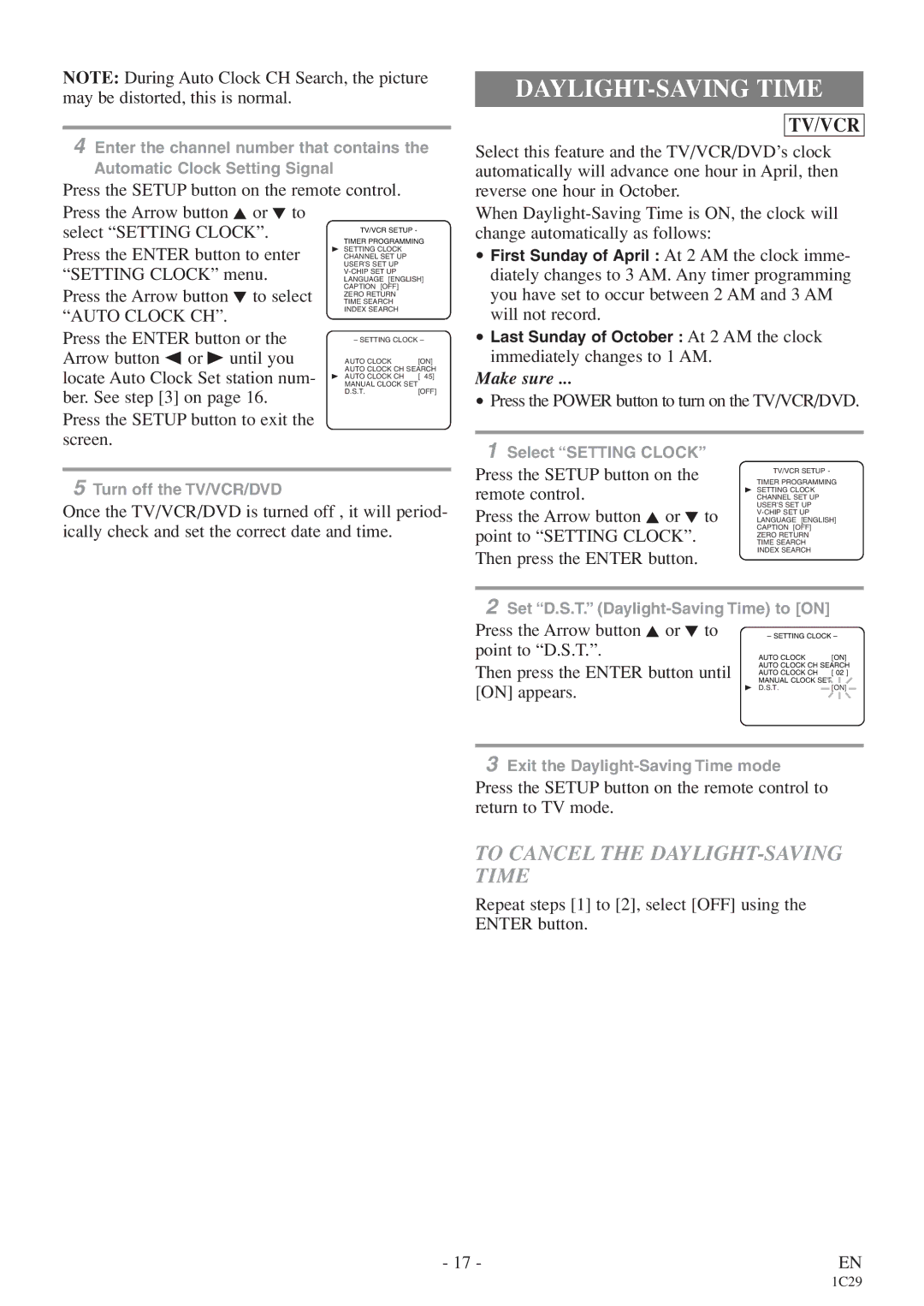 Emerson CETD204 owner manual To Cancel the DAYLIGHT-SAVING Time, Auto Clock CH 