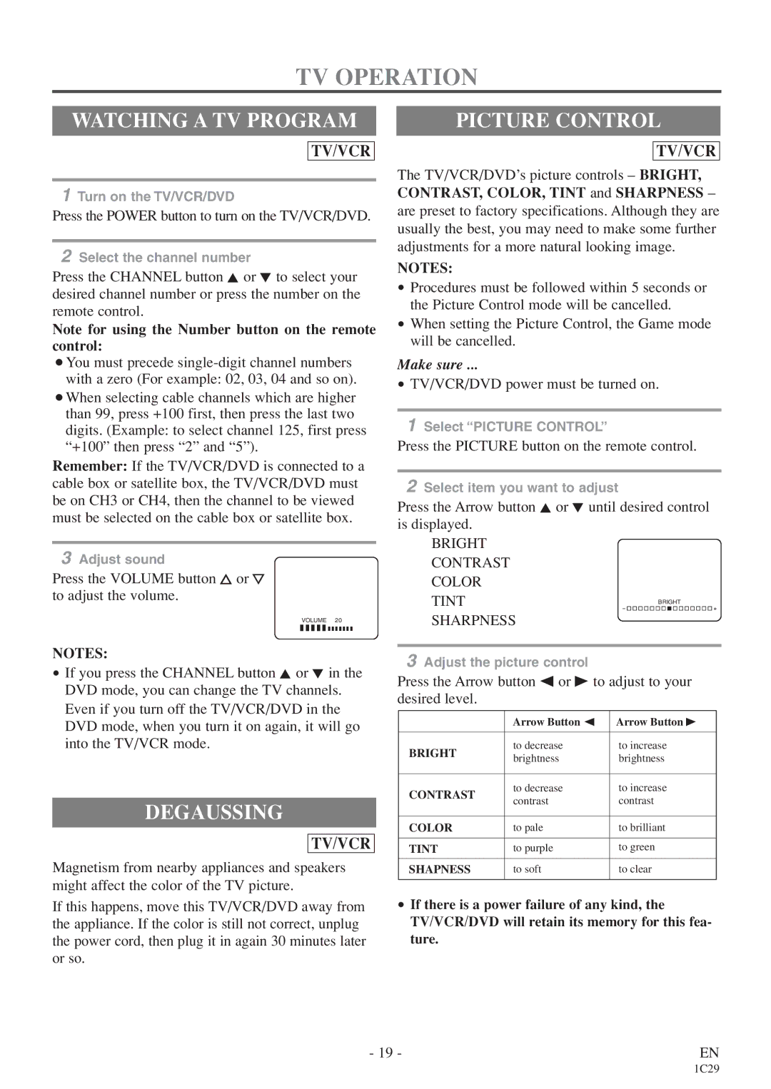 Emerson CETD204 owner manual TV Operation, Watching a TV Program, Degaussing, Picture Control 