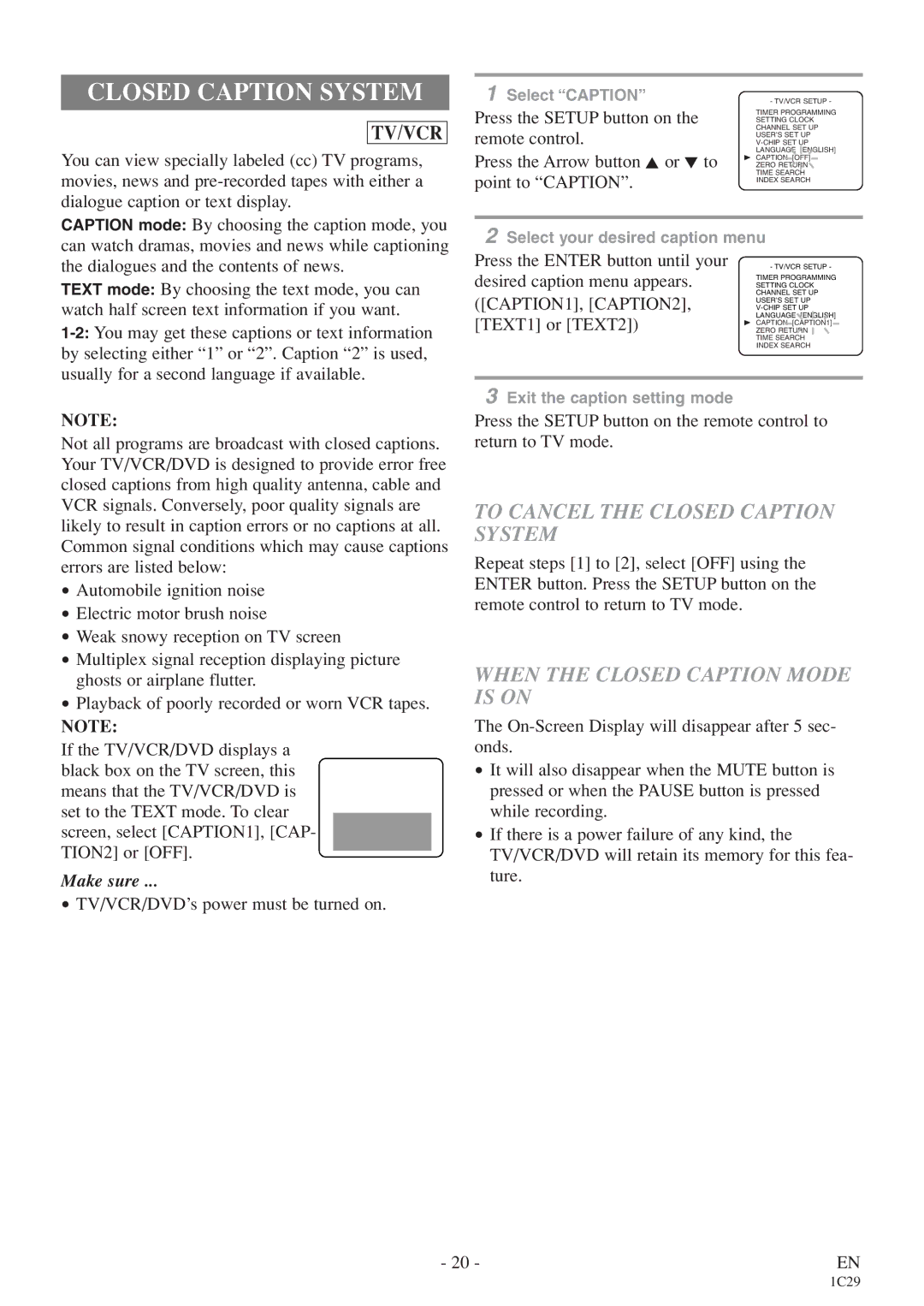 Emerson CETD204 To Cancel the Closed Caption System, When the Closed Caption Mode is on, CAPTION1, CAPTION2 