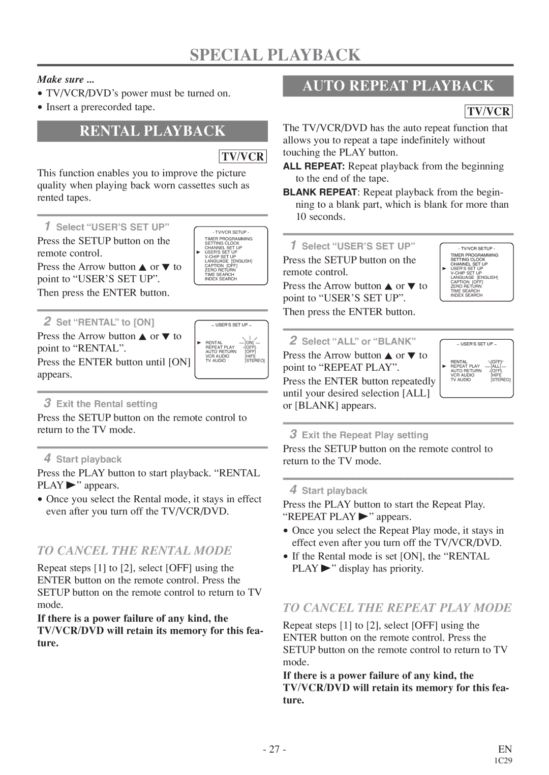 Emerson CETD204 owner manual Special Playback, Rental Playback, Auto Repeat Playback, To Cancel the Rental Mode 