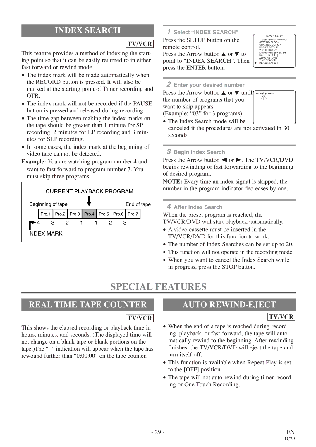 Emerson CETD204 Special Features, Index Search, Real Time Tape Counter, Auto REWIND-EJECT, Point to Index SEARCH. Then 