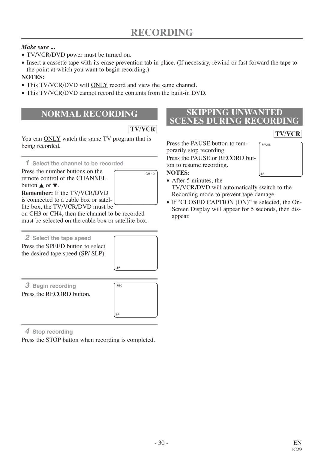 Emerson CETD204 owner manual Normal Recording, Skipping Unwanted Scenes During Recording 