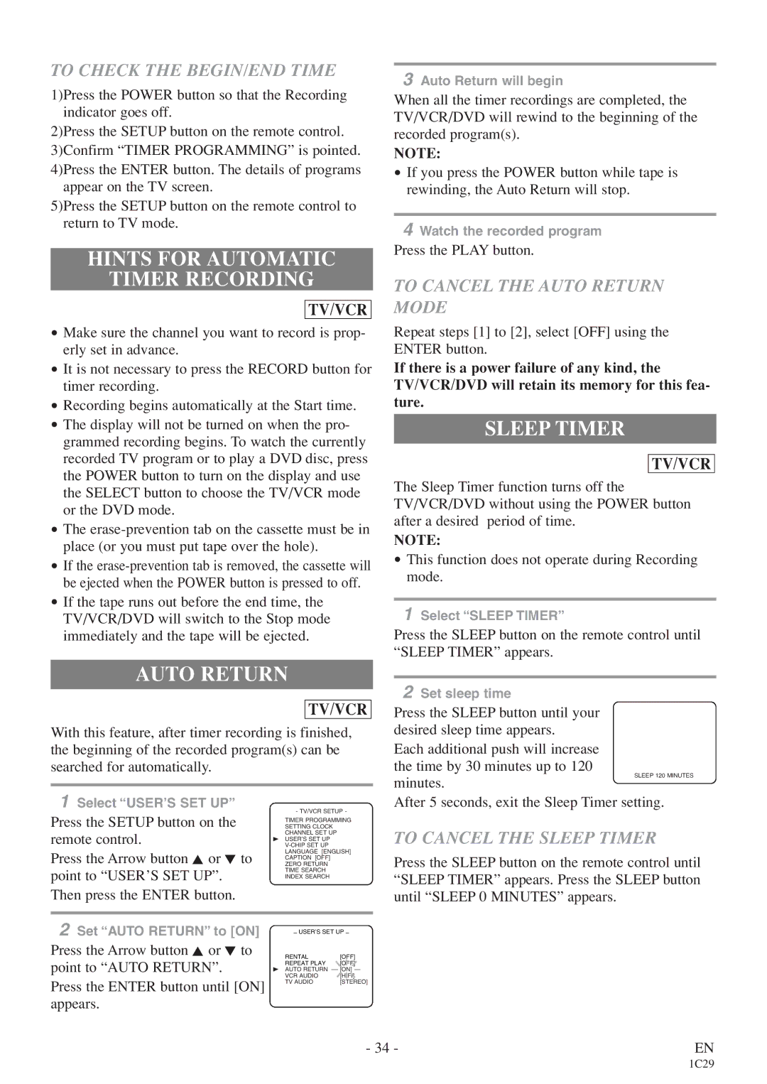 Emerson CETD204 owner manual Hints for Automatic Timer Recording, Auto Return, Sleep Timer 