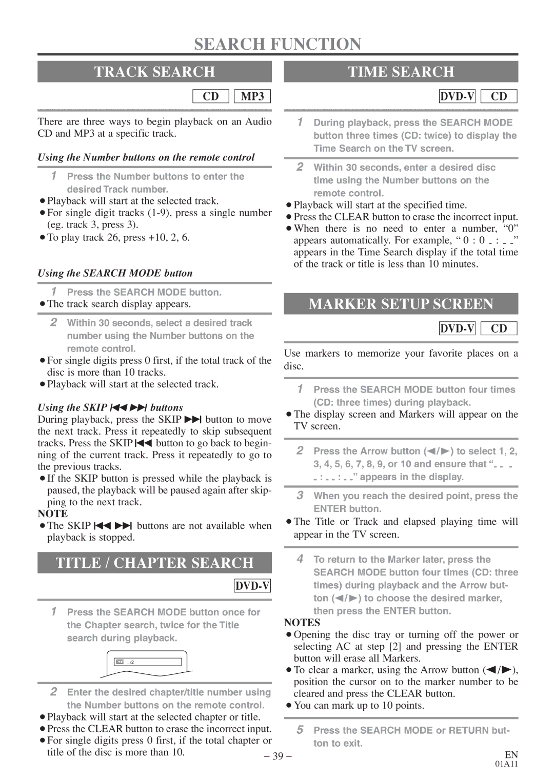 Emerson CETD204 owner manual Search Function, Track Search Time Search, Title / Chapter Search, Marker Setup Screen 