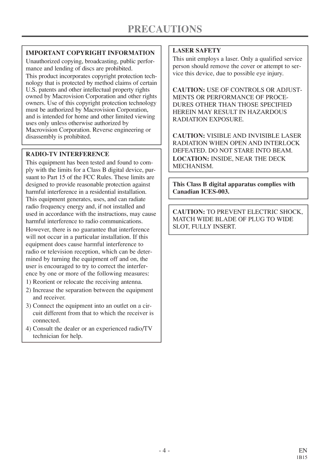 Emerson CETD204 owner manual Precautions, Important Copyright Information, RADIO-TV Interference, Laser Safety 