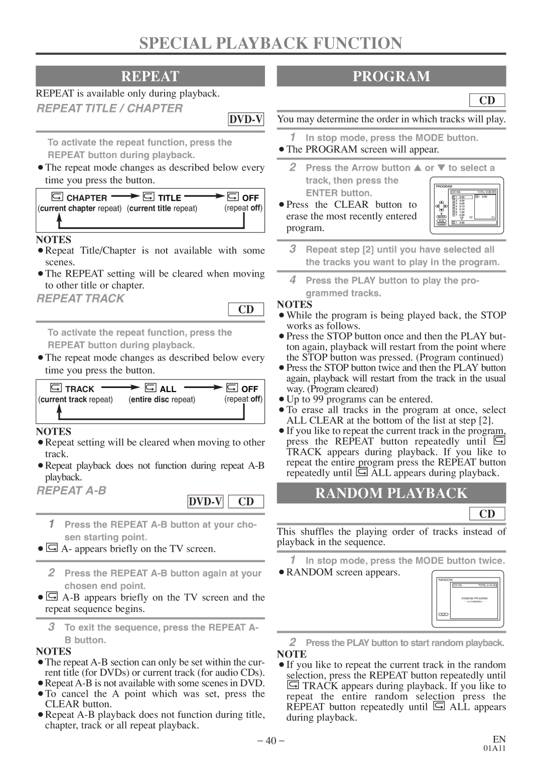 Emerson CETD204 owner manual Special Playback Function, Repeat Program, Random Playback 