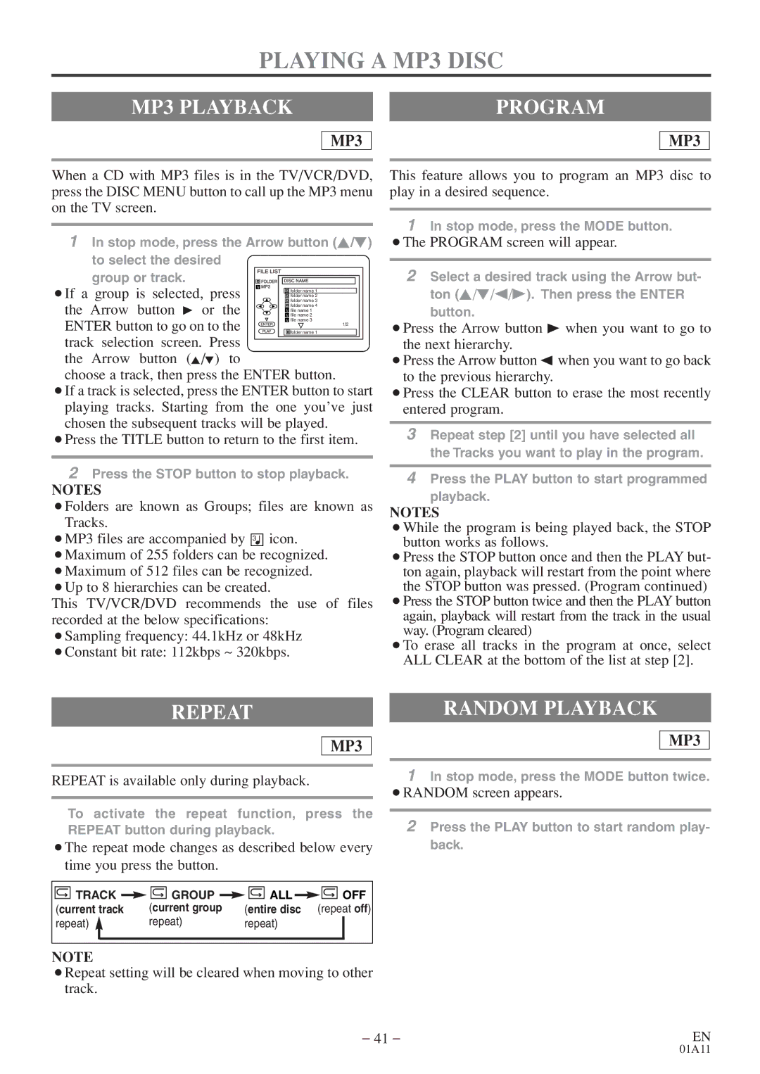 Emerson CETD204 Playing a MP3 Disc, MP3 Playback, ¡Repeat setting will be cleared when moving to other track 