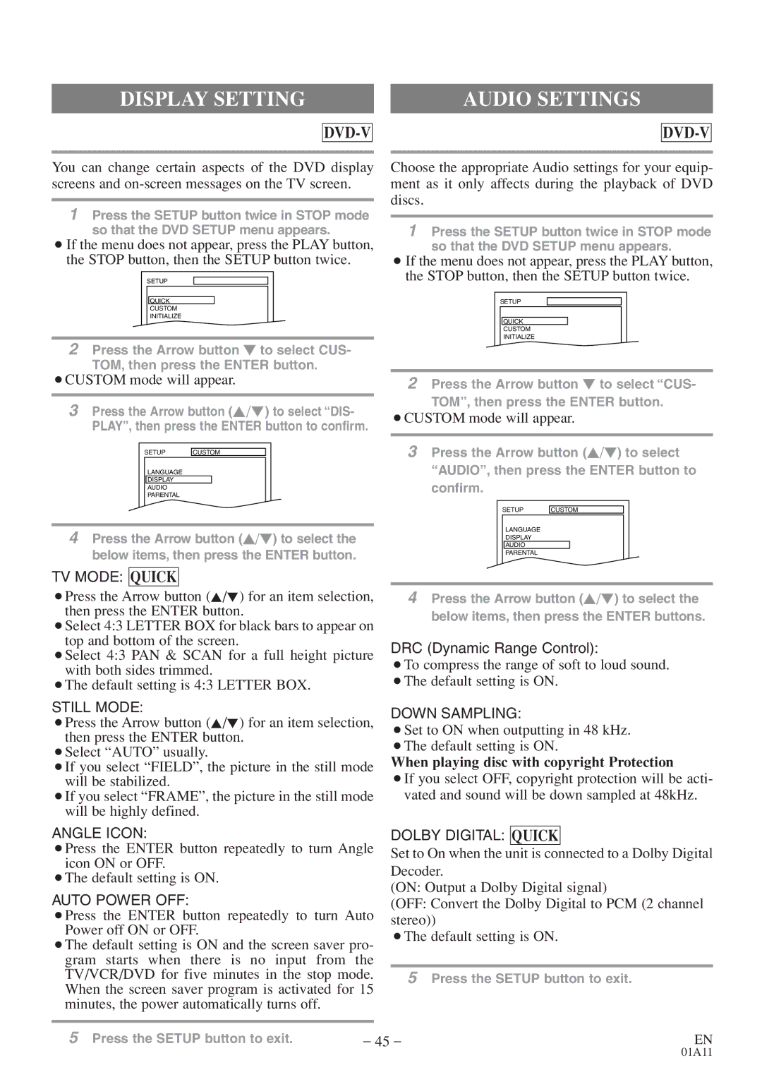 Emerson CETD204 owner manual Display Setting, Audio Settings, When playing disc with copyright Protection 