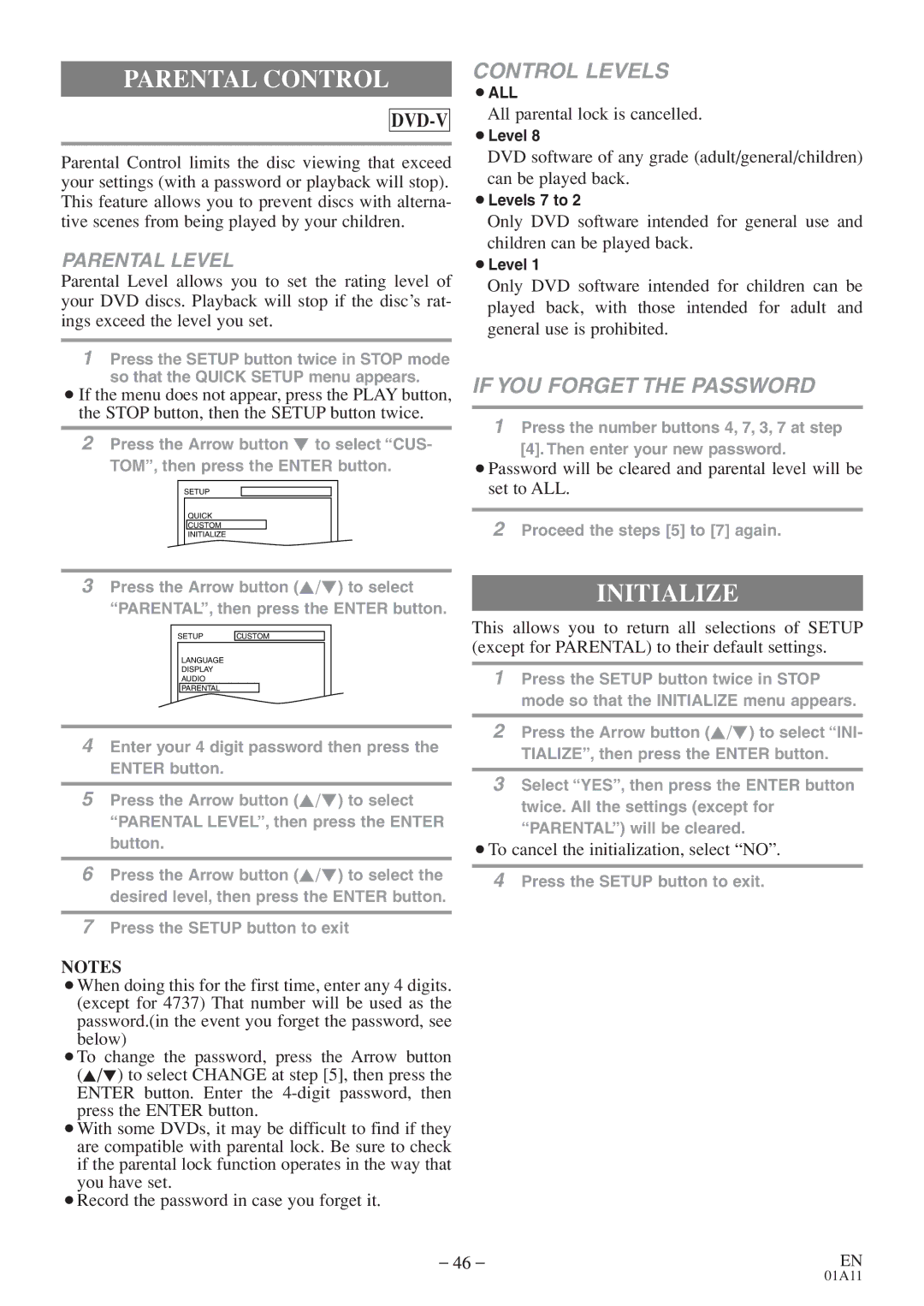 Emerson CETD204 Parental Control, Initialize, All parental lock is cancelled, ¡To cancel the initialization, select no 