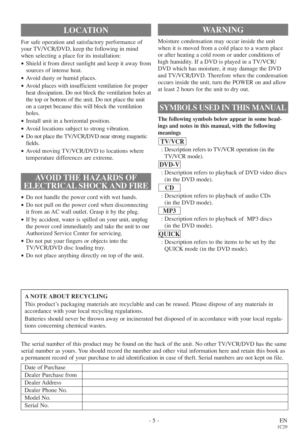 Emerson CETD204 owner manual Locationwarning, Avoid the Hazards Electrical Shock and Fire, Symbols Used in this Manual 