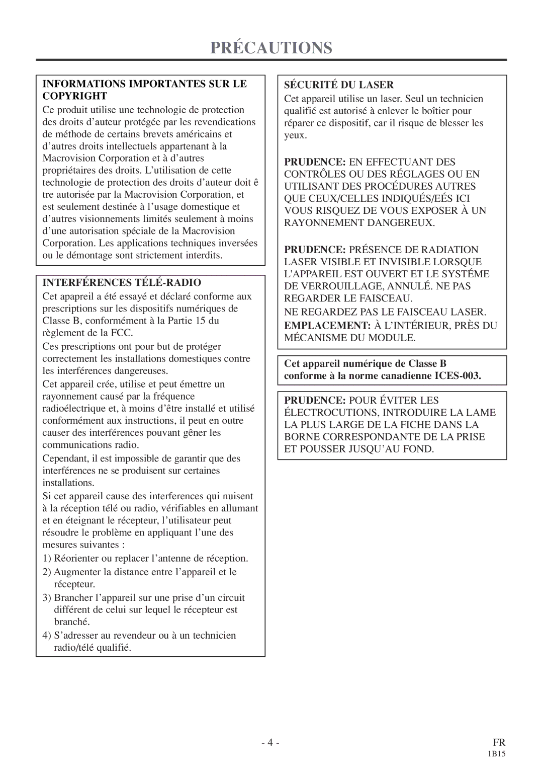 Emerson CETD204 Précautions, Informations Importantes SUR LE Copyright, Interférences TÉLÉ-RADIO, Sécurité DU Laser 