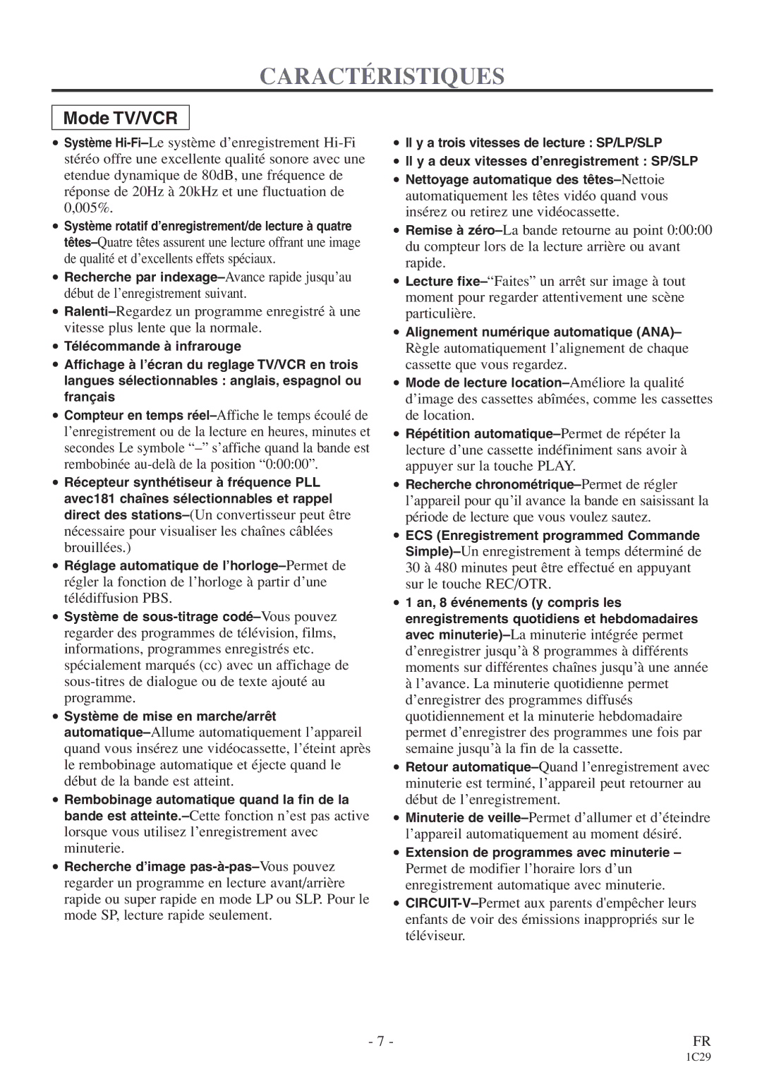 Emerson CETD204 owner manual Caractéristiques, Mode TV/VCR 