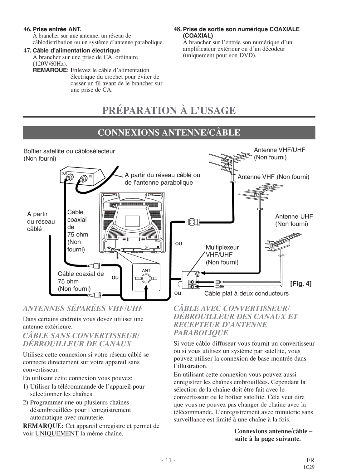 Emerson CETD204 owner manual Préparation À L’USAGE, Connexions ANTENNE/CÂBLE, Antennes Séparées VHF/UHF 