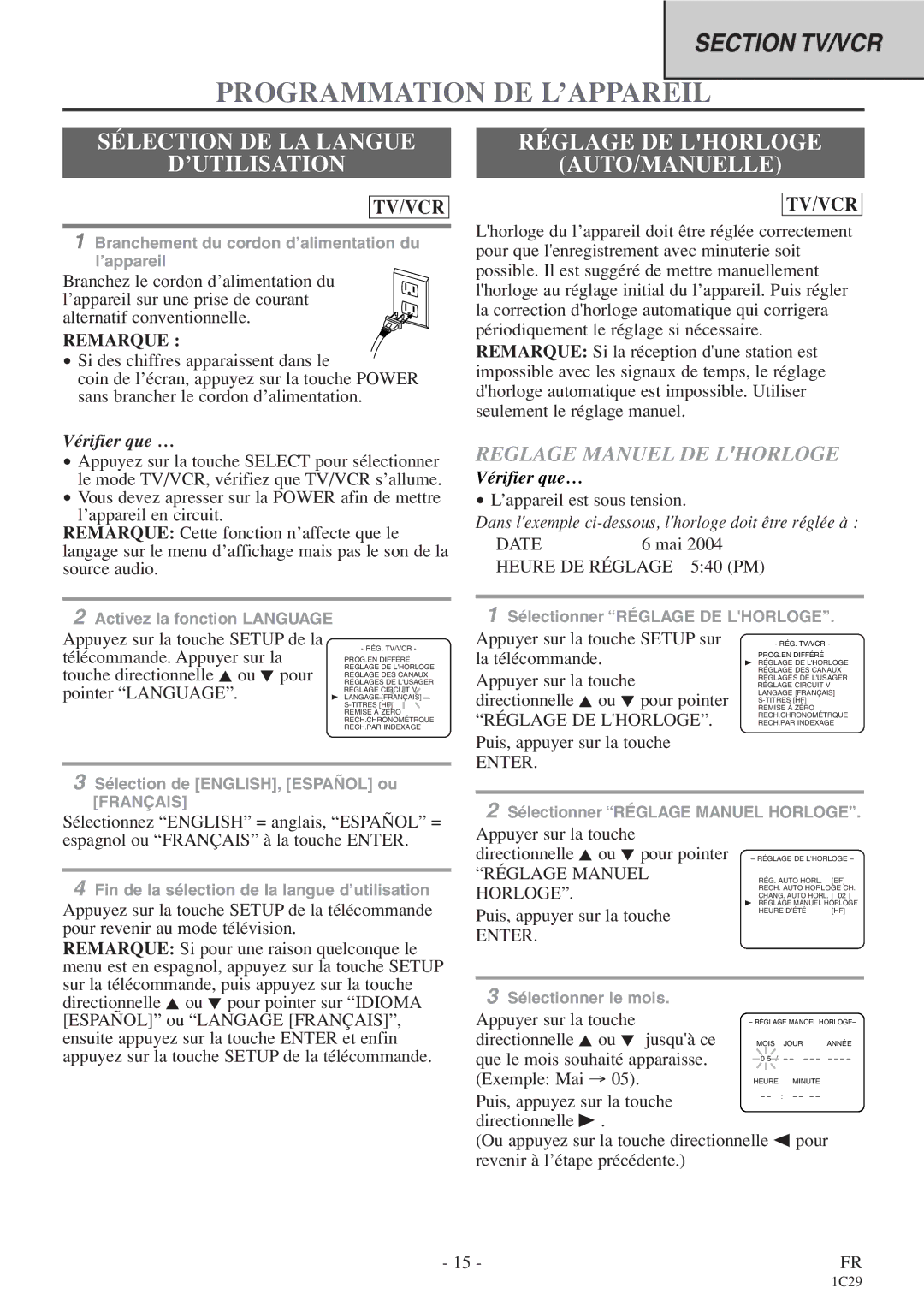 Emerson CETD204 Programmation DE L’APPAREIL, Sélection DE LA Langue ’UTILISATION, Réglage DE Lhorloge AUTO/MANUELLE 